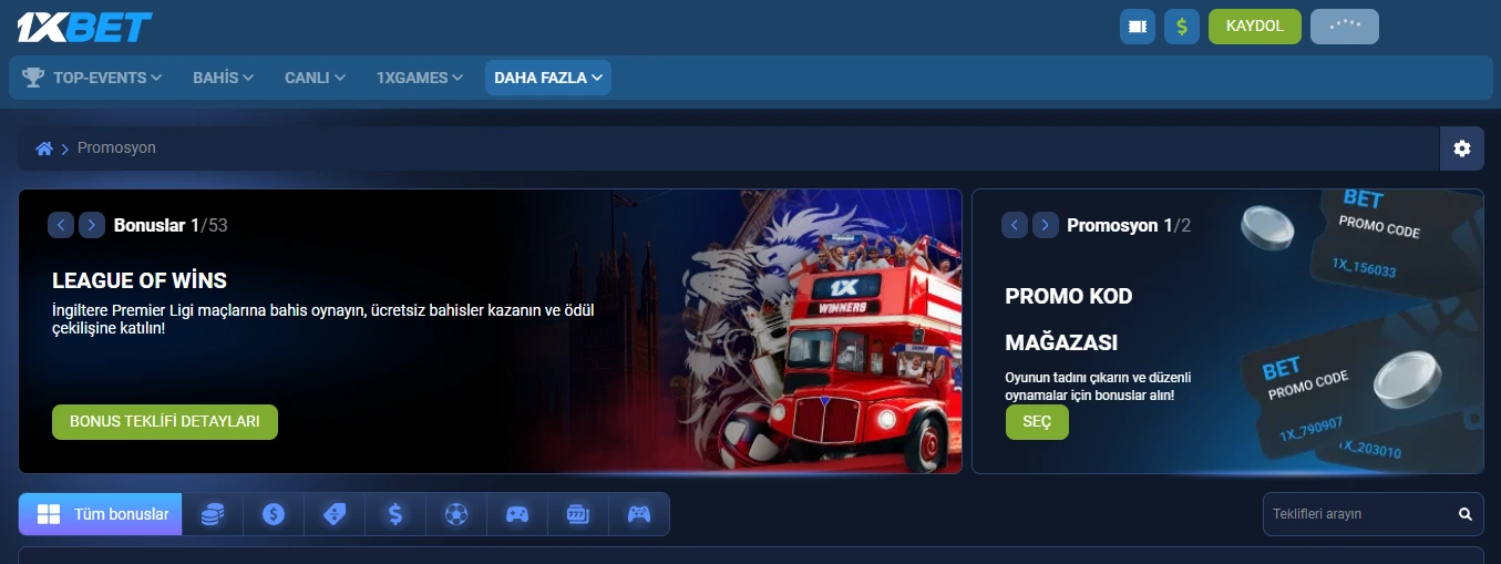 1xBet platformu ve bonuslar bölümü ekran görüntüsü